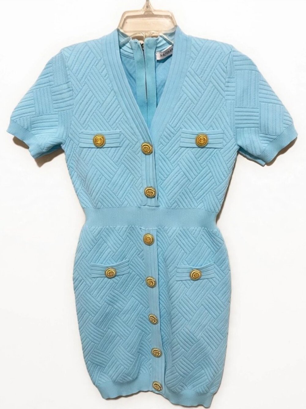 La Pateau Light Blue Textured Knit Mini Dress Gold Buttons M NWOT
